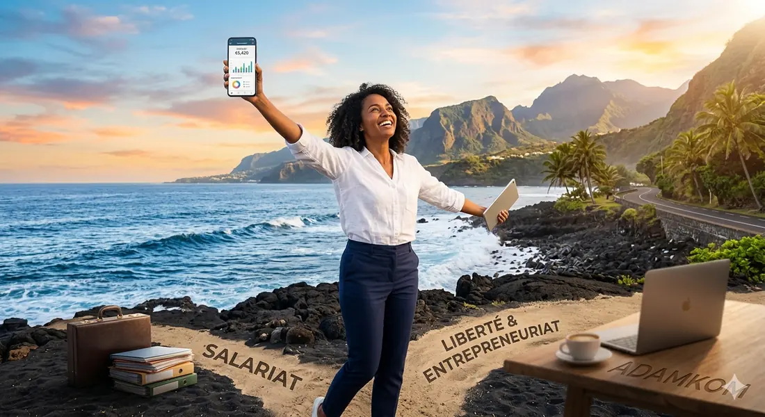 Entrepreneure réunionnaise face à l'océan, téléphone à la main
